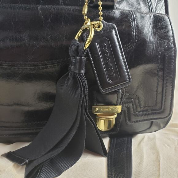 Coach Poppy Pushlock Satchel Black Waxed Leather Fuchsia Lining Removable Strap - Picture 5 of 14